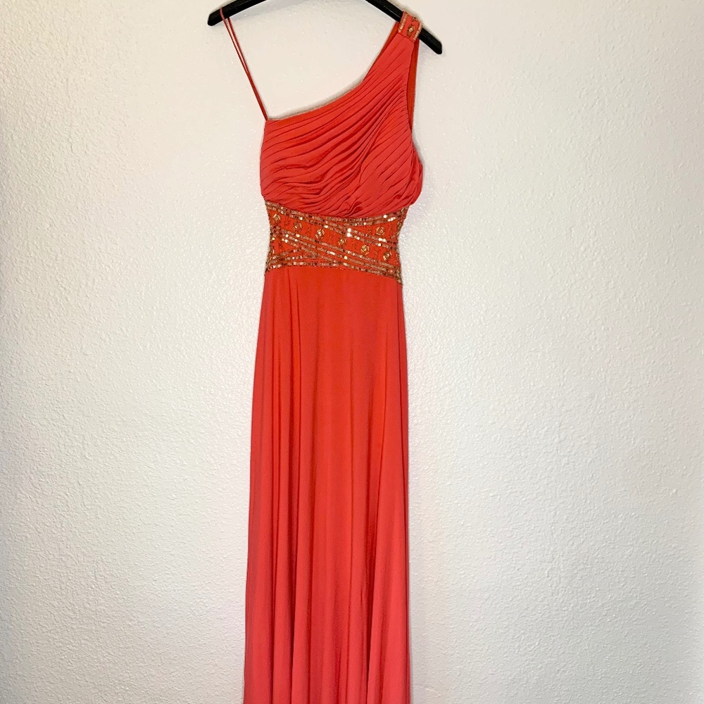Coral One-Shoulder Beaded Maxi Dress | Formal Evening Gown